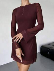Vestido mini minimalista, elegante y sexy de lunares blanco y negro para mujer, estilo retro con cuello barco, mangas acampanadas, cintura alta y línea A, ideal para primavera/verano, Día de San Valentín - Burdeos - Ver 4