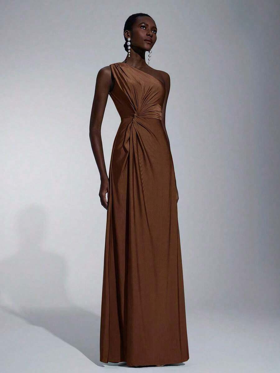 Vestido holgado de dama de honor de línea A con un hombro, de tela elástica tejida de color verde romántico y elegante - Marrón - Ver 1