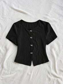 Blusa casual de verano para mujeres, top blanco de manga corta con cuello redondo y estampado floral, para vacaciones de verano - Negro - Ver 3