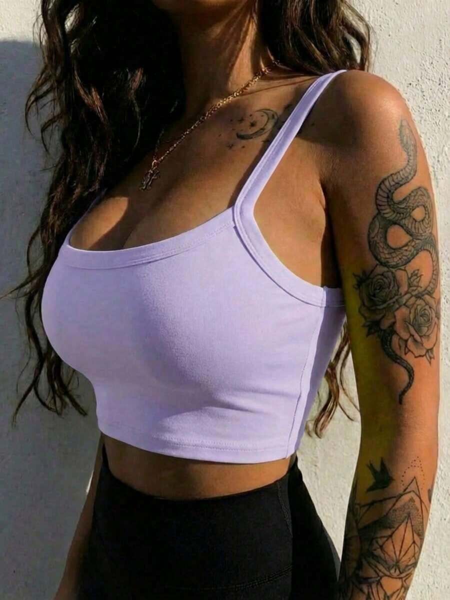 Camiseta corta de tirantes gruesos simple para mujer, adecuada para primavera/verano, estilo casual/streetwear/Y2K, apta para oficina/hogar/streetwear/discoteca y otras ocasiones, color negro - Púrpura malva - Ver 1