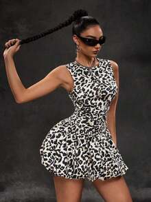 Vestido de mezclilla sin mangas con cuello redondo y plisado en la espalda para mujer - Blanco y Negro - Ver 4