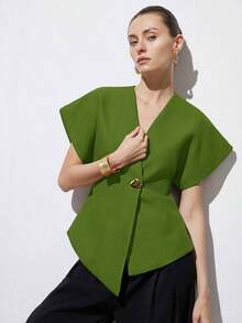 Chaqueta de mujer con cuello en V elegante, hombros anchos, bajo asimétrico, botones decorativos y mangas cortas, diseño minimalista y versátil para el uso diario - Verde - Ver 5