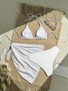 Conjunto de bikini de 3 piezas de unicolor compuesto por traje de baño con escote halter y lazada, talla grande una falda y una pieza de cobertura para el verano - Blanco - Ver 2