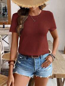 de manga corta para la primavera y el verano con cuello redondo y unicolor en tela texturizada para uso casual - Color caoba - Ver 4
