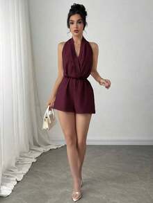 Mono elegante y romántico sin espalda con cuello halter para mujer, adecuado para fiestas, vacaciones, citas y bodas, cumpleaños - Burdeos - Ver 6