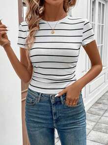 LUNE Conjunto deportivo de tiempo libre para atletismo, ciclismo, running, baloncesto - Camiseta casual cómoda de cuello redondo, ajustada, a rayas blancas y negras con recogido en la cintura, para mujer - Blanco y Negro - Ver 4