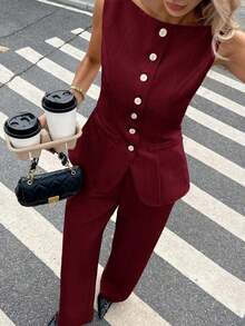 Set de 2 piezas para mujer con top sin mangas con botones delanteros lisos y pantalones largos, conjunto casual - Burdeos - Ver 8