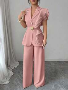 Traje formal elegante de mujer color albaricoque, conjunto de blazer con cuello de volantes de organza con lentejuelas y cintura con lazo, que incluye chaqueta sin mangas y pantalones rectos, color burdeos, adecuado para Halloween, Navidad, - Rosa Pálido - Ver 4
