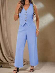 Conjunto de top de chaleco y pantalones de mujer talla grande elegante y romántico en color rosa con cuello en V, conjunto de ropa de cumpleaños para primavera/verano para mujer, conjunto de monos elegantes, traje formal de negocios elegante para - Niebla azul - Ver 3