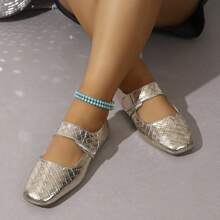 Women's Adjustable Lace-Up Plaid Woven Pattern Square Toe Flat Loafers, Versatile For Party, Dating, All Seasons, Gold Glossy Leather - Gold - View 3