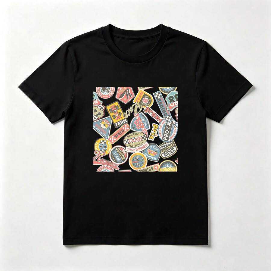 Racing Stickers Black Cotton T-Shirt Retro Style - Black - View 1
