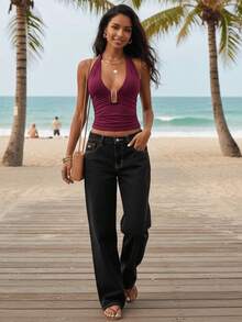 Women's Halter Neck Vest Summer Sleeveless Open Back Slim Ruched Tie Neck Tank Tops - 紫紅色 - 查看 2