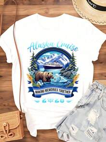 Women's Cotton T-Shirts Alaska Cruise Making Memories Together 2026, T-Shirt For Women And Men, Family Vacation Souvenir, Gift, Summer Travel Shirt With Bear And Boat Design, Women's Basic Blouses. - 白色 - 查看 3