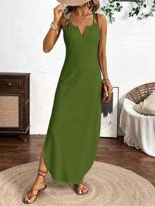 Vestido Maxi de Tirantes Finos con Rayas Verticales Multicolor para Mujer BDSHJKa - Verde Oliva - Ver 5
