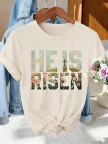 1 Piece Of Women's T-Shirt With Christian Easter Cross And Flower Print "He Is Risen", Short Sleeve, Round Neck, Casual Style, Suitable For Spring And Summer, Ideal As A Birthday Gift Or For Holidays, Casual T-Shirt For Going To Work, Minimalist Print Short Sleeve T-Shirt For Office And Autumn, 180g, 100% Cotton. - 白色 - 查看 7