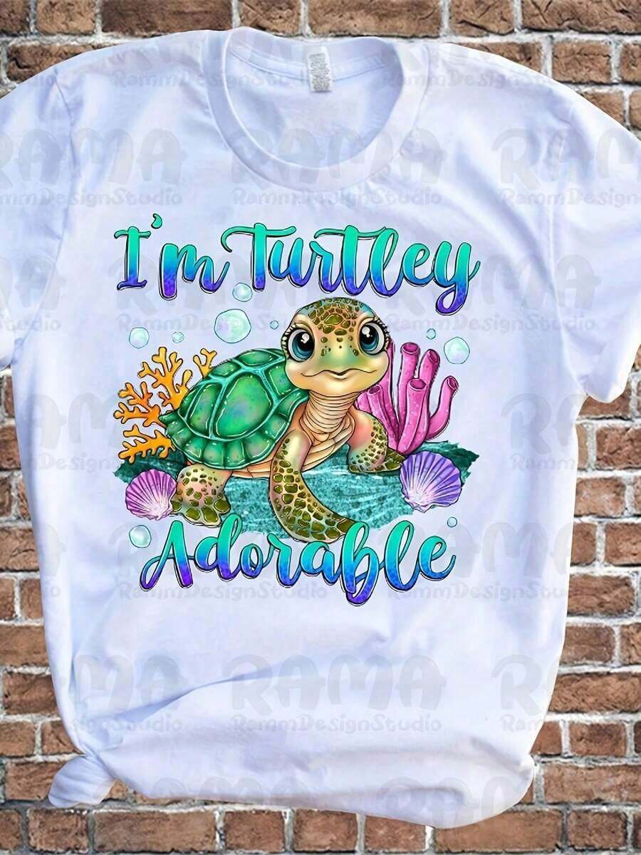 1 pieza Camiseta de manga corta con cuello redondo, holgada y casual para mujer, con diseño de tortuga adorable en PNG, diseños de sublimación, tortuga en PNG, top de moda de verano, 180g, 100% algodón. - Blanco - Ver 1