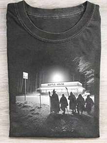 1 Piece Men's Retro Street T-Shirt - 230gsm Washed Cotton Loose Fit T-Shirt With Halloween Night Exploration Print, Casual All Seasons Wear And Holiday Gifts, Halloween Clothing 180g 100% Cotton. - 黑色 - 查看 1