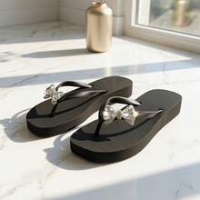 Women's Crystal Rhinestone Bow Thong Sandals, Black Square Toe Non-Slip Flat Design, Soft Bottom Comfortable Slide Slippers For Summer, Suitable For Beach, Wedding, Pool, Daily Commute - Black - View 16