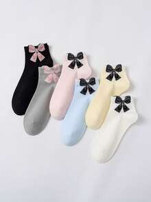 3/6 Pairs Morandi Color Bow Jacquard Mid-Calf Socks, Japanese Gentle Style Low-Cut Short Socks, Korean Ins Versatile Student Socks, Breathable Sweat-Absorbing Comfortable Non-Binding Girl Soft Style Daily Commute Casual Versatile Socks Set, Multiple Colors Available - Multicolor - View 1