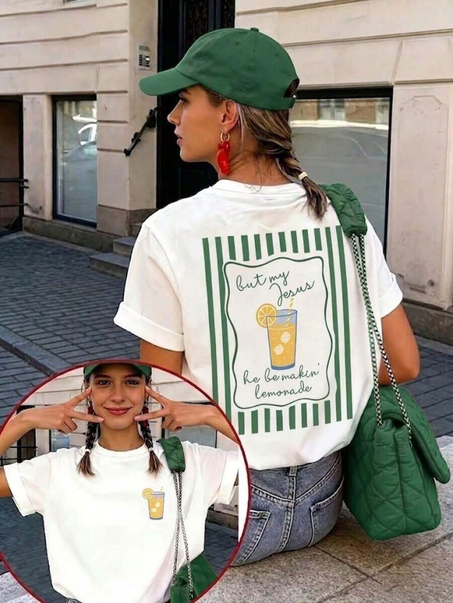 Camiseta de manga corta ligera, cómoda y suave, adecuada para uso diario, estilo callejero INS con estampado gráfico de fe "Pero mi Jesús está haciendo limonada", top de verano casual blanco - Blanco - Ver 1