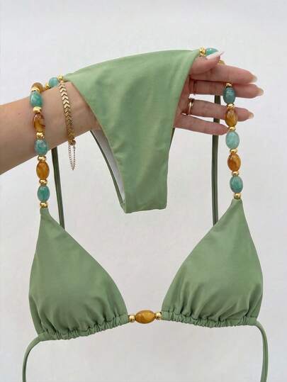 Bikinx Women's Summer Halter Colorful Beaded High-Slit Bikini Set, Casual Elegant High-Stretch Swimwear