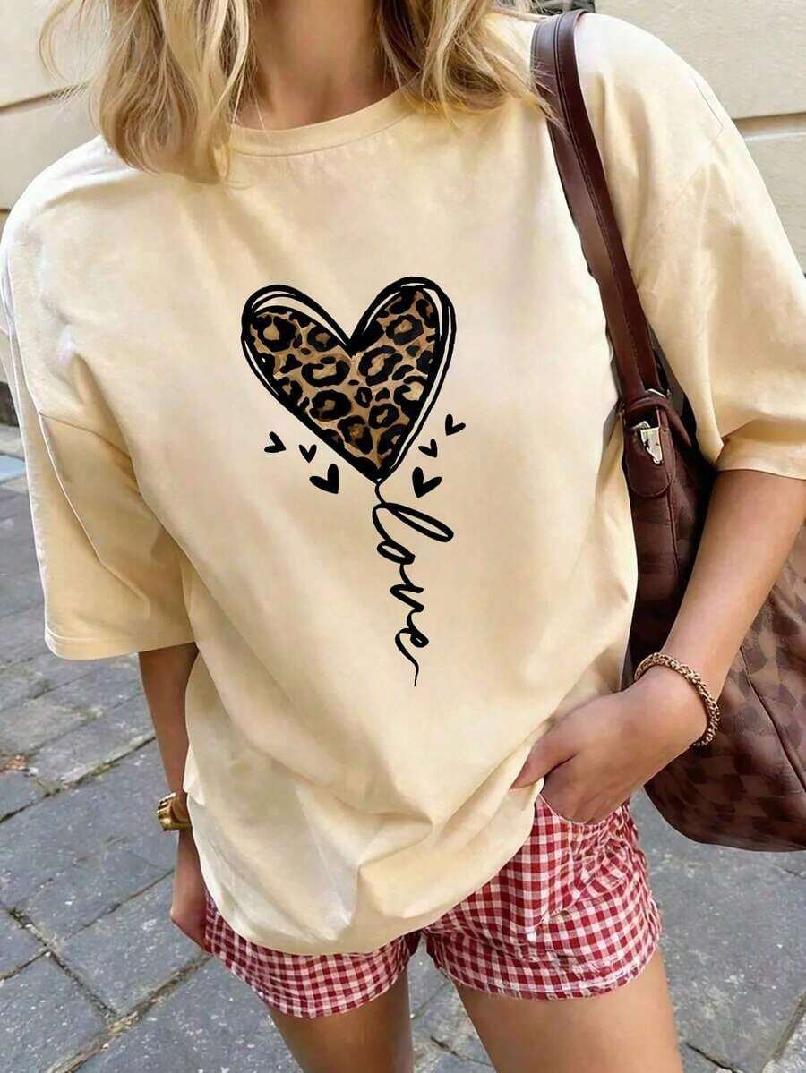 Women's Short-Sleeve Printed T-Shirt For Summer, Polyester Fabric, Multifunctional Style, Regular Fit, Weight 180 Grams, 1 Unit. 100% Cotton - 杏 - 查看 1