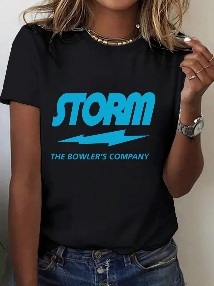 Women's One Piece Sports T-Shirt, Retro 80s Style Bowling Theme - Storm Bowling Lane Print And Bowling Company Logo, Casual Short Sleeve Top, Loose Fit And Breathable, Suitable For Bowling Nights, Theme Parties And Casual Wear - Machine Washable Bowling Apparel, Moisture-Wicking Gym Casual Wear. - 黑色 - 查看 1