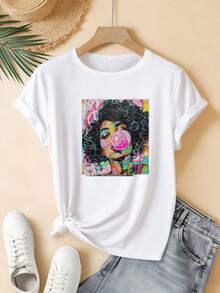 Ropa de verano ligera de una sola pieza y corte holgado para mujer, camiseta con el estampado de una mujer de cabello rizado soplando chicles rosados, adecuada para uso casual y moda femenina elegante. Estilo: cuello redondo, mangas cortas, corte holgado. Un regalo para usted misma/familia/pareja/amigas, para uso diario, en casa, como atuendo casual diario. - Negro - Ver 7