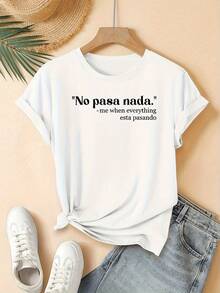 Ropa ligera, transpirable y holgada para mujer, primavera/verano, camiseta con estampado de texto "No Problem", cuello redondo, manga corta, top casual de moda, atuendo elegante para fiestas, corte holgado, regalo para vacaciones, diseño divertido, uso diario, ropa para el hogar, conjuntos de primavera/otoño que se pueden usar en capas. - Negro - Ver 7