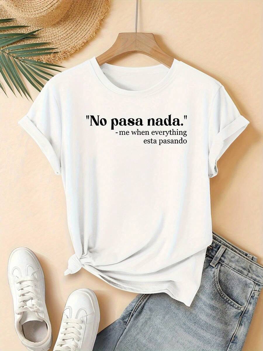Women's Lightweight, Breathable, And Loose-Fitting Spring/Summer "No Problem" Text Print T-Shirt, Round Neck, Short Sleeve, Fashionable Casual Top, Elegant Party Outfit, Loose Fit, Holiday Gift, Fun Design, Everyday Wear, Loungewear, Spring/Autumn Outfits That Can Be Layered. - 白色 - 查看 1