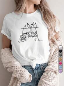 Ropa de verano para mujer, ligera y transpirable, de una sola pieza – corte holgado con diseño artístico: camiseta con la imagen de un grupo de figuras en un columpio, ropa elegante para mujer, cuello redondo, mangas cortas, top de moda casual, adecuado para fiestas, regalos de vacaciones, uso diario y ocio en casa. Ideal para combinar en conjuntos de primavera y otoño. - Blanco - Ver 1