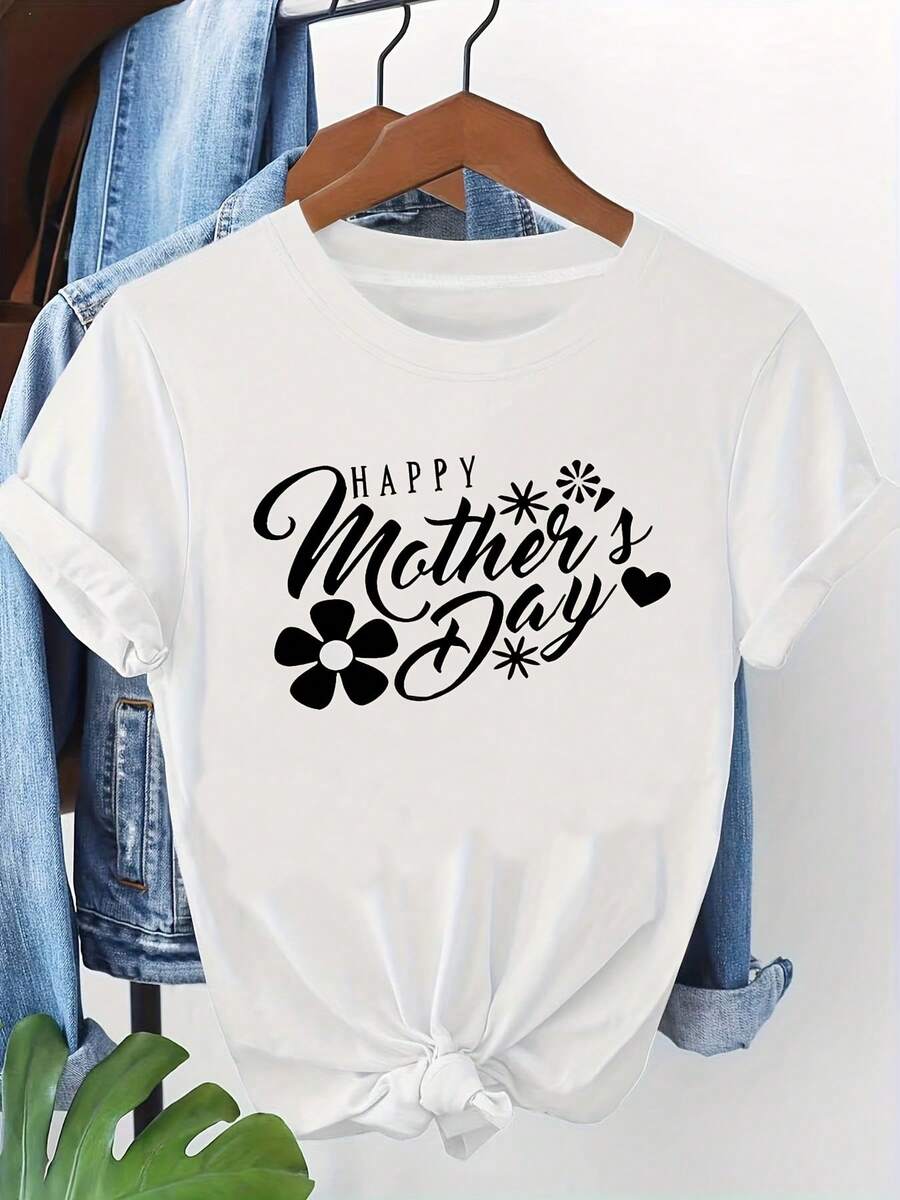 Camiseta holgada de talla grande estilo curvado, con temática del Día de la Madre, estampado floral de corazones "Feliz Día de la Madre", camiseta blanca de manga corta con cuello redondo - lavable a máquina, adecuada para primavera, verano y otoño, estilo casual, ajuste cómodo, diseño moderno, versátil para uso diario, tela suave, estilo a la moda, ajuste elástico y relajado. - Blanco - Ver 1