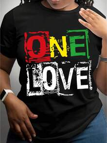 One Love Letter Pattern T-Shirt, Short-Sleeve Casual Round-Neck Top - Black - View 1