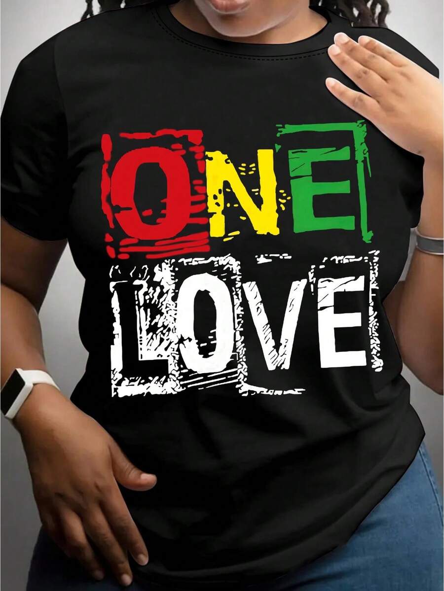 One Love Letter Pattern T-Shirt, Short-Sleeve Casual Round-Neck Top - Black - View 1