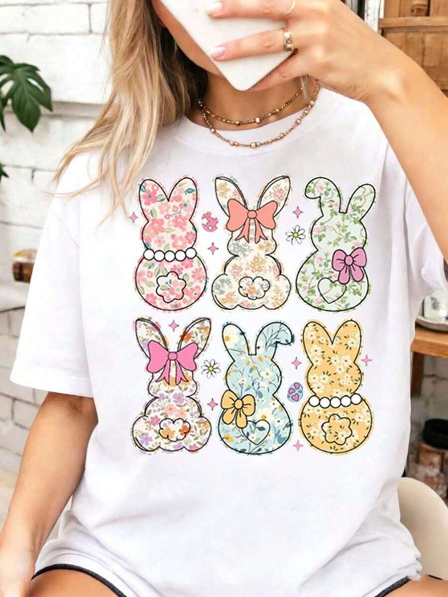 1 pieza < Pascua > Elegante regalo para mujer, camiseta de manga corta con cuello redondo y estampado con motivos de Pascua para primavera, verano y otoño, top versátil de estilo vintage, moderno y casual para ir al trabajo, vacaciones y uso diario, ideal para fiestas, 180g 100% algodón. - Blanco - Ver 1