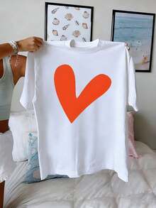 1 pieza de camiseta de algodón puro para mujer, con cuello redondo, diseño sencillo, estampado de anime con letras a la moda y forma de corazón, 180g 100% algodón. - Blanco - Ver 1