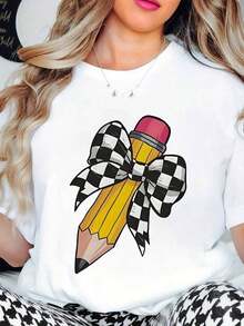 Short-Sleeved T-Shirt With Pencil Print And Plaid Bow - Women's Casual Clothing, Perfect For School, Everyday Outfits And Creative Themes. - 白色 - 查看 6
