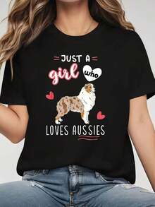 Love For Vintage Pets, Love For Australian Shepherds. ONLY A Girl Who LOVES AUSSIES. Women's Casual Fashion Crew Neck T-Shirt For Spring And Summer, Featuring An Australian Shepherd Dog Image And Heart Print. Eye-Catching T-Shirt For Everyday Wear. - 黑色 - 查看 1