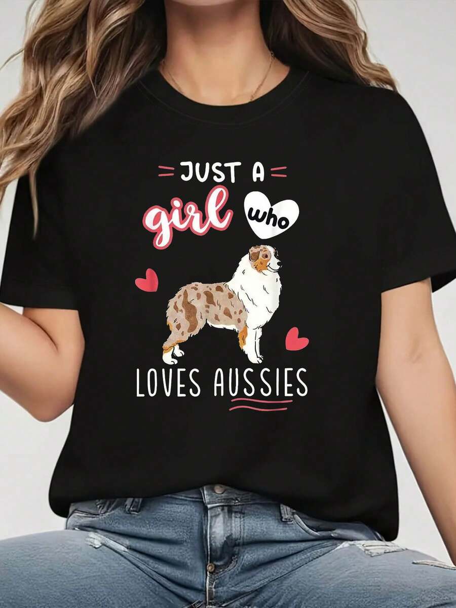 Love For Vintage Pets, Love For Australian Shepherds. ONLY A Girl Who LOVES AUSSIES. Women's Casual Fashion Crew Neck T-Shirt For Spring And Summer, Featuring An Australian Shepherd Dog Image And Heart Print. Eye-Catching T-Shirt For Everyday Wear. - 黑色 - 查看 1