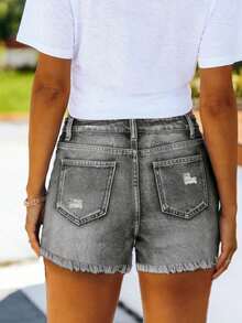 Women's Casual Denim Shorts, With Button Split And Pockets, Straight Leg Distressed Design - Light Grey - View 2