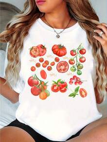 1 Tomato Print T-Shirt, Fruit T-Shirt, Garden Picnic T-Shirt, Tomato Lover T-Shirt, 180g 100% Cotton. - 白色 - 查看 12