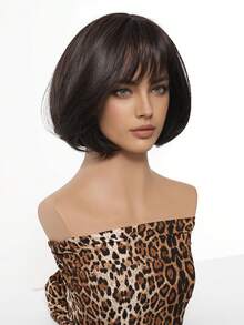 10 Inch Short Wavy Bob Wig With Bangs, Black Brown Color, Women's Straight Synthetic Fiber Wig, Heat Resistant For Daily, Office, Party, Halloween, Christmas, Thanksgiving, Wedding, Dance, Date, Birthday, Vacation. High-Quality Synthetic Fiber, Realistic Hair Texture, Natural And Comfortable, Suitable For Bangs And Short Bob Style. - Brown - View 3