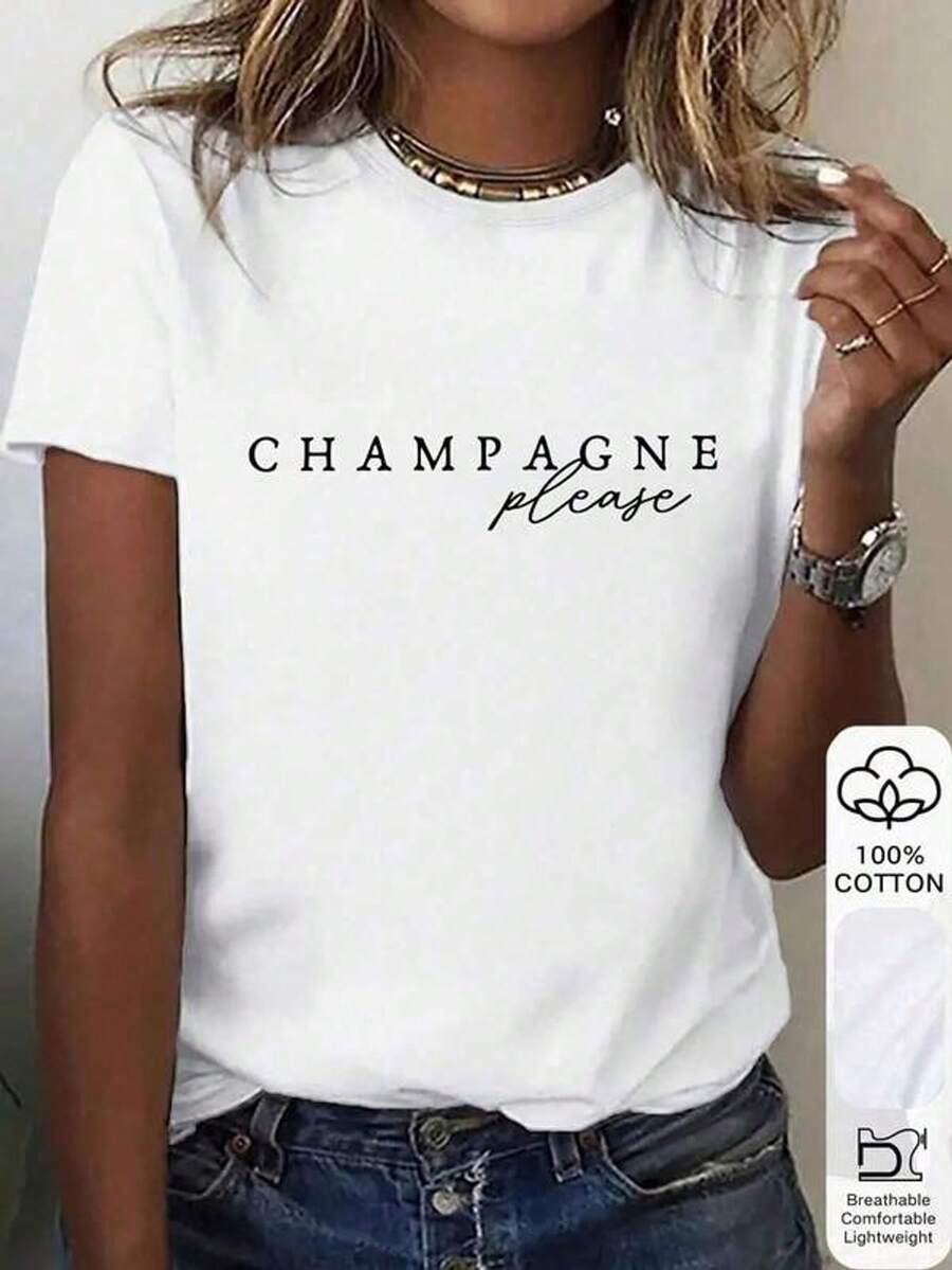 Camiseta casual de mujer con cuello redondo y manga corta con estampado - Blanco - Ver 1