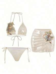 Swim Set de 3 piezas Nuevo traje de baño de verano con bikini triangular con empuje hacia arriba, bordado floral y tela brillante con lentejuelas para mujeres - Albaricoque - Ver 6