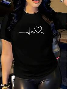 Women's Heartbeat Graphic (ECG) T-Shirt | Casual Short Sleeve Crew Neck T-Shirt In Vibrant Red For Spring, Summer And Autumn, Machine Washable, Regular Fit, Unique Fashion Spring Print T-Shirt, Non-See-Through Fabric. - 黑色 - 查看 1