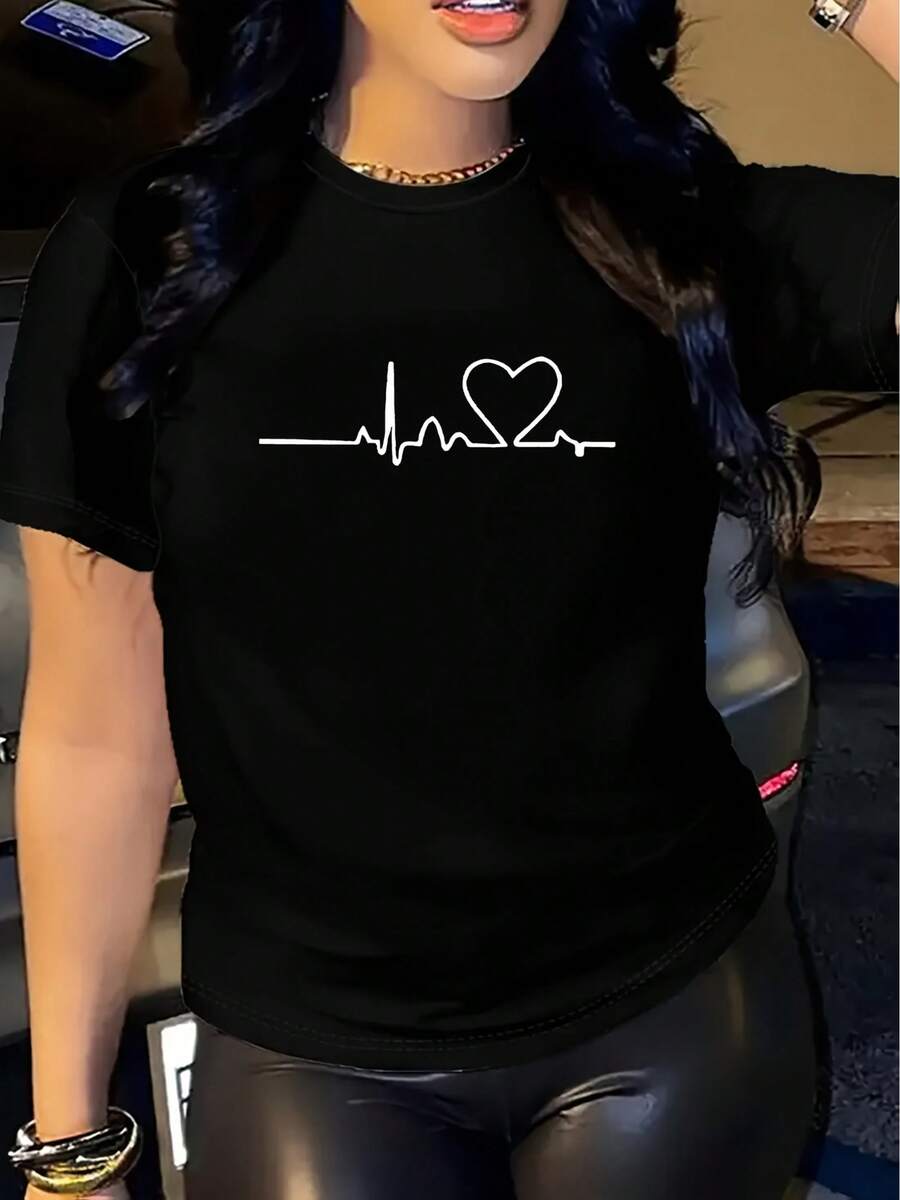 Women's Heartbeat Graphic (ECG) T-Shirt | Casual Short Sleeve Crew Neck T-Shirt In Vibrant Red For Spring, Summer And Autumn, Machine Washable, Regular Fit, Unique Fashion Spring Print T-Shirt, Non-See-Through Fabric. - 黑色 - 查看 1