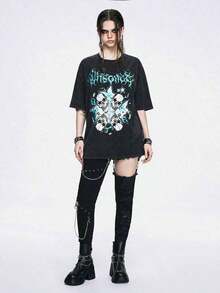 Women's Blouses. Loose Knit T-Shirt For Women With Street Style, Punk, Distressed, With Skull Chain, Snowflake Star, Contrasting Slogan And Cool Prints, Gifts For Mom, Flash , Lightning , Local Shipping, National Shipping, - 黑色 - 查看 5