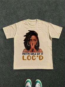 1 Black Hair Culture Brand T-Shirt, With "Pretty Girls Got It Loc'd" Graphic Print, Afro-Centric Fashion T-Shirt, Casual Print, Comfortable And Versatile, Letter Pattern Printed T-Shirt In 180g Pure Cotton, 100% Cotton. - 黑色 2 - 查看 6
