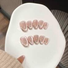 10 Pcs Light Pink Rhinestone Minimalist French Cat Eye Press-On Short False Nails. Casual Style, Elegant Short Oval Shape, Removable False Nails. Suitable As A Gift For Women And Girls. - Baby Pink - View 5