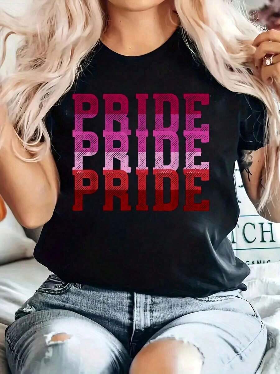 Lesbian Pride - Lesbian Gift Lesbian Pride T-Shirt With Lesbian Rainbow Print, Casual Round Neck Short Sleeve T-Shirt, Comfortable For Spring And Summer, Women's Clothing - 黑色 - 查看 1